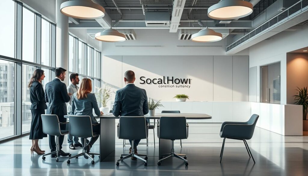 A modern and minimalist office setting with a focus on specialized consultancy services. In the foreground, a team of business professionals gathered around a sleek conference table, engaged in a collaborative discussion. The middle ground features an elegant reception area with a minimalist design, subtly highlighting the company's branding. The background showcases floor-to-ceiling windows, allowing natural light to flood the space and create a sophisticated, inviting atmosphere. The lighting is balanced, with strategically placed overhead fixtures casting a warm, professional glow. The overall composition conveys a sense of expertise, professionalism, and personalized solutions tailored to the needs of the client companies.
