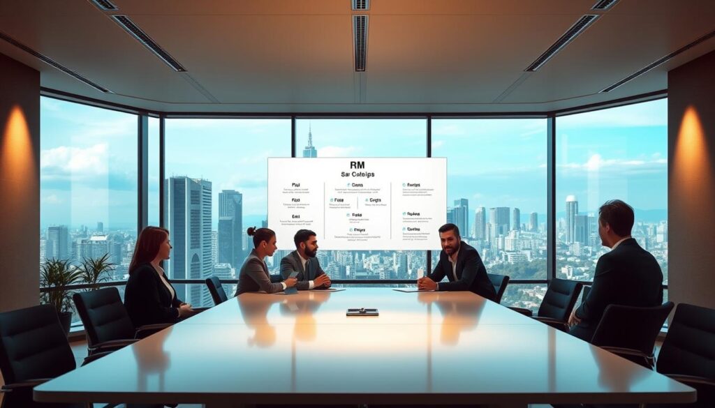 A modern, well-appointed office interior with floor-to-ceiling windows overlooking the São Paulo skyline. In the foreground, a team of business consultants in professional attire engaged in a collaborative discussion around a sleek, minimalist conference table. Soft, indirect lighting creates a warm, productive atmosphere. The middle ground features a display showcasing RM's services and expertise, rendered in a clean, infographic style. In the background, the bustling city skyline serves as a dynamic backdrop, symbolizing RM's deep understanding of the local business environment.